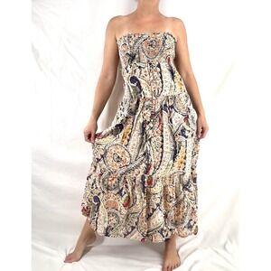 Boho Paisley Midi Dress S Hippie Tiered Cotton Strapless Button Front Pockets